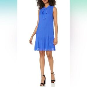 DKNY Iris Blue Sleeveless Neck Tie Pleated Flare Above the Knee Dress Size 12